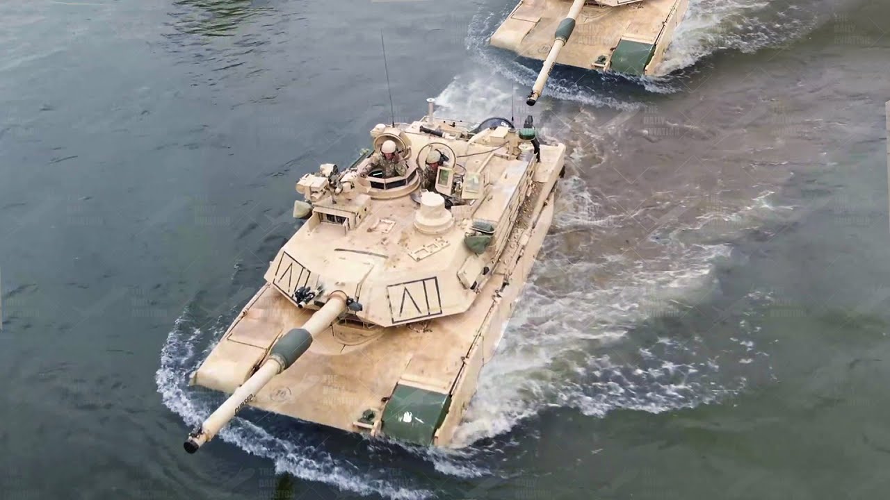 Convoy Of Massive Us M Abrams Tanks Jump In Middle Of The Water