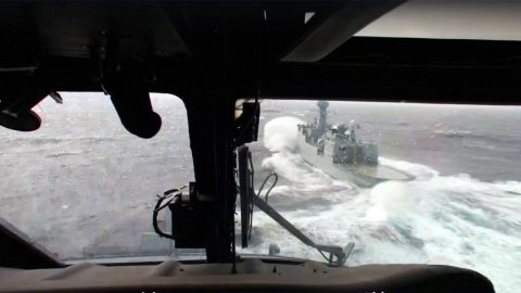Interior/Exterior View Of Heli Landing On Extremely Rough Seas | Frontline Videos